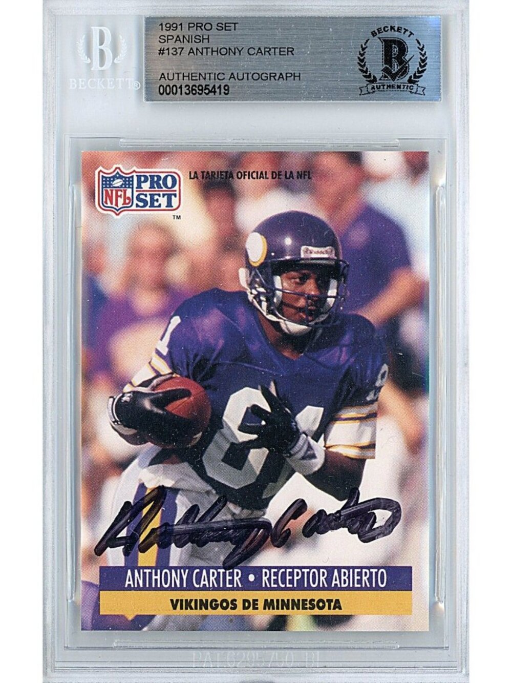 Anthony Carter Signed 1991 Pro Set Spanish #137 MN Vikings Beckett BAS Slab Auto
